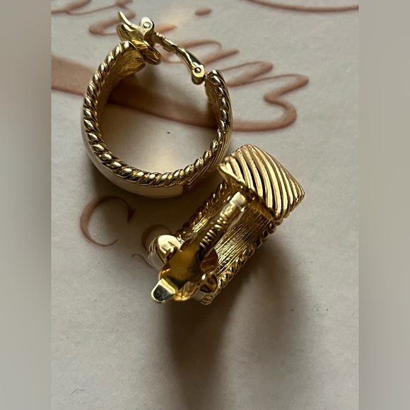 Trifari Gold and Cream Hoop Earrings - Picture 2 of 6